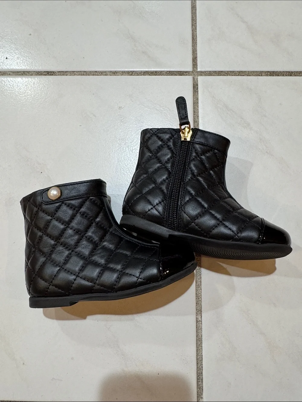 Girls' Black Quilted Ankle Boots with Pearl Accent size 8